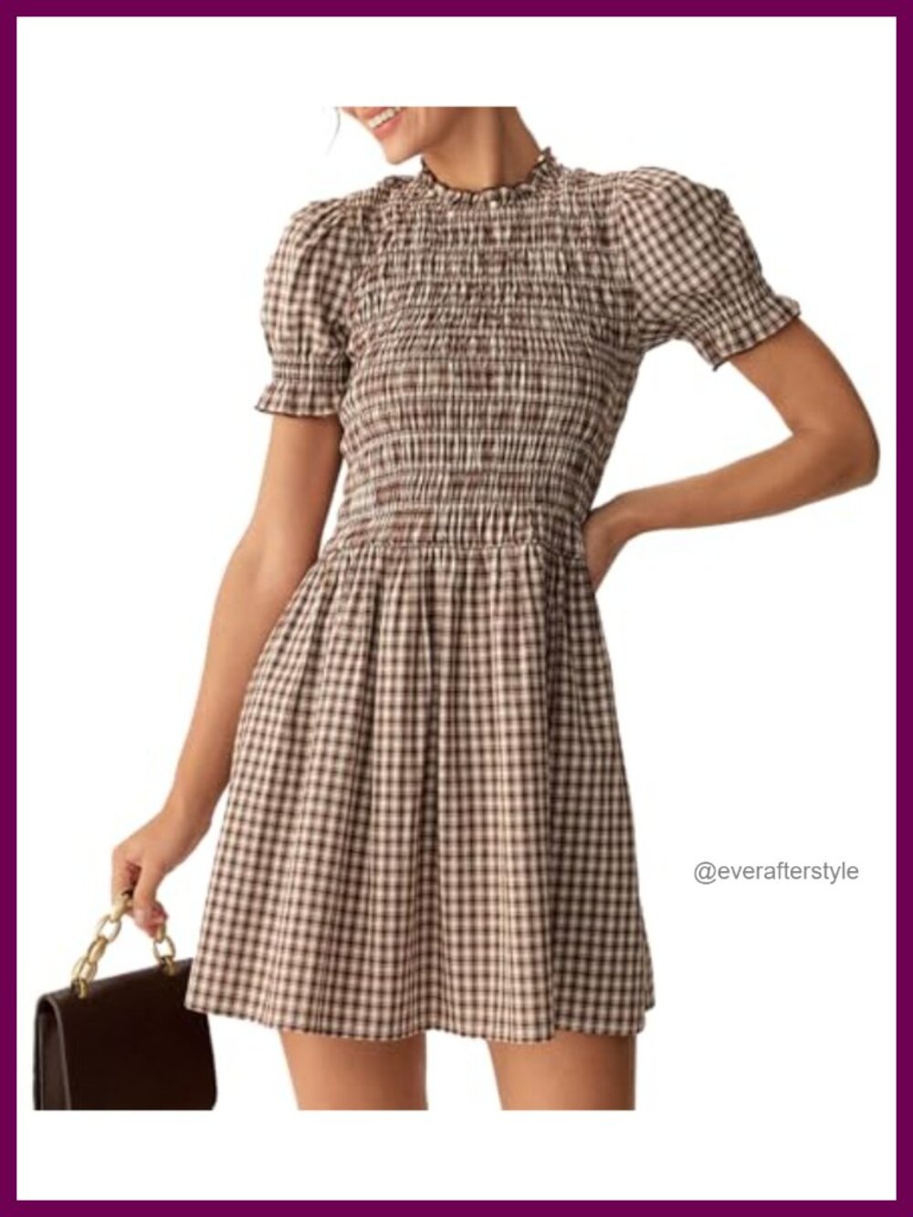 Plaid gingham smocked mini dress short puff sleeves boho casual